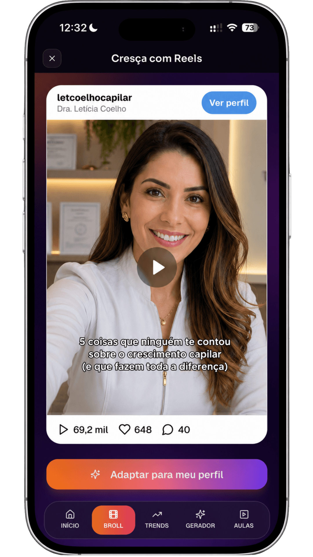 Tela de detalhe de um conteúdo B-roll, com legenda adaptada, instruções de gravação e música sugerida